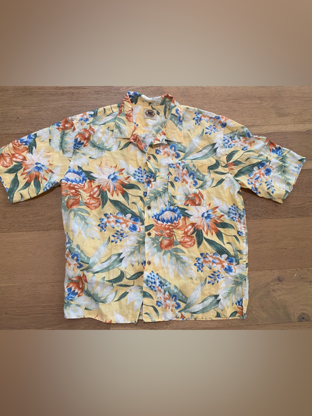 Pusser’s West Indies Vintage Yellow Tropical Floral linen Shirt men’s XL EUC